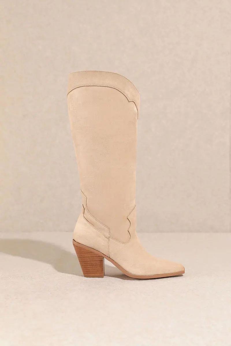 Beige suede knee high boots from Salt Clothing Co.